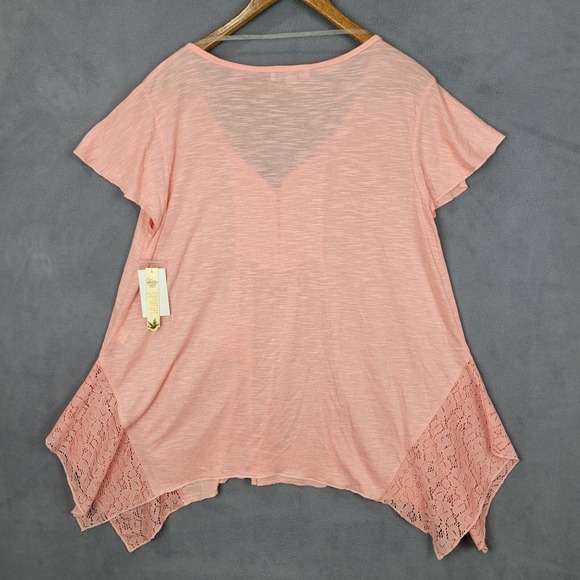 Unity World Wear Blouse Women's Large Peach Lace Trim Shark Tie Neck Cap Sleeve - Picture 2 of 12